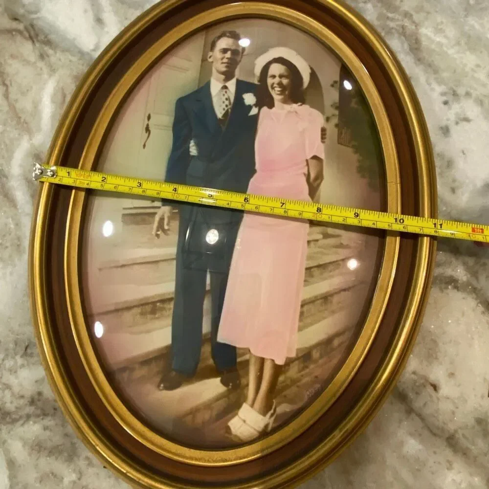 Antique Colorized Photo Wood Oval Gold Frame Convex Bubble Glass Wedding Formal